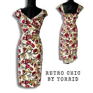 Retro Chic by Torrid Rockabilly Pin-Up Floral & Skull Sheath dress. size 14